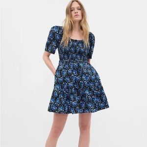 GAP Puff Sleeve Smocked Mini Dress Blue Ditsy Floral L